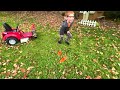 Collecting leaves with kids zero turn mower, tractor, and truck. Educational leaf blowers | Kid Crew