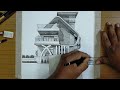 HOW TO DRAW A HOUSE IN 1-POINT PERSPECTIVE || DRAW LUXURY RESORT : MODERN HOUSE || ARCHITECT SKETCH