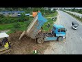 Start a new project, Landfill Operation by 5ton dump truck, Mini bulldozer Mitsubishi pushing soil