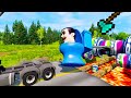 Long Cars vs Funny Cars with Slide Color 🚙 Long Flatbed Trailer Transportation 🚙🚓 Cars vs Deep Water