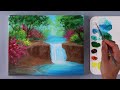 Waterfall Acrylic Painting | Spring Waterfall | Landscape Painting for Beginners