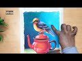 Bird and the Teapot - Realistic Drawing with Oil Pastels step by step | Still life | Canvas Art