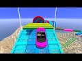 GTA V SPIDERMAN TEAM DRIVE Motorbikes JUMP over The Ocean RAMP ! Hulk Iron Man Batman Cars Racing