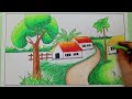 How to draw simple Village scenery drawing for Beginners | Easy landscape drawing (step by step)