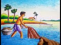 How to draw scenery of fisherman with oil pastel colour / step by step