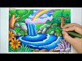 TUTORIAL MENGGAMBAR DAN GRADASI WARNA OILPASTEL TEMA PEMANDANGAN AIR TERJUN YANG MUDAH EP 402