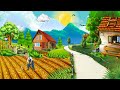 HD free download animated rice field view in village background | cartoon loop background
