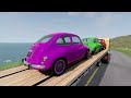 Double Flatbed Trailer Truck vs Speedbumps Train vs Cars | Tractor vs Train Beamng.Drive 050