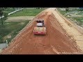 Amazing Long Dump Truck Unloading & Dozer Push On Sloping Hillside Save RED Land For Build New Road