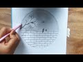 The birds are sitting on a wall - Pencil Sketch for beginners || How to draw Scenery of Moonlight.🥰