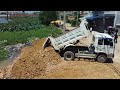 Wonderful! Techniques Filling Land By Bulldozer MITSUBISHI BD2F pushing soil with 5ton Trucks