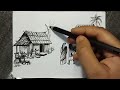 Landscape Sketch || House, tree and human figure sketch || Charcoal Sketch