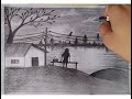 How to draw a girl sitting on the bench|| draw a village scenery|| village scenery for beginners||