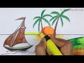 Beautiful River Scenery Drawing With Boat And Sunrise | Easy Step By Step Natural Scenery Drawing