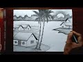 How to Draw Easy Beautiful Landscape Village Drawing || Waterfall Drawing || Sunset Drawing