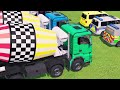 GO TO THE GARAGE WITH EXCAVATOR CAR, POLICE CAR, BULLDOZER, POLICE CAR, TRUCK, FIRE TRUCK, FS22