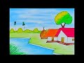 how to draw simple scenery/drawing of nature /village scenery drawing with oil pastels.