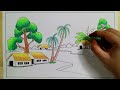 Draw Village riverside scenery with oil pastel color | Easy Bangladeshi Scene Drawing for Beginners