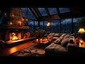 Thunderstorm & Rain with Lightning behind the Mountains, Crackling Fireplace & Sleeping Cats