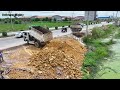 Best Use the technique Bulldozer KOMATSU D20P Push Soil and Stone Into Water, Dump Truck Unloading