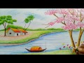 How to draw landscape / scenery of spring season with oil pastels color step by step