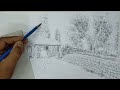 Step By Step Beutiful Village Scenery Drawing With Stone House || Easy Pencil Scenery Art