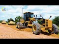 The road construction project in a village with heavy machine graders working to prepare the road