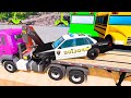 Double Flatbed vs Funny Cars and Big & Small Cars with Slide Color Transportation - BeamNG.Drive