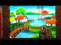 How to Draw Easy Beautiful Landscape Village Drawing || Waterfall Drawing || Sunset Drawing