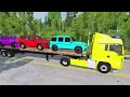 TRANSPORTING PIXAR CARS & FRUITS WITH COLORED & JOHN DEERE vs CLAAS vs TRACTORS - BeamNG.drive