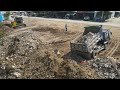 Really Great Excellent! Skill Operator Bulldozer KOMATSU D41P Clearing Trash Into Water With Trucks