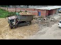 Incredible!!Dump Trucks 5Ton Loading Soil Flying Head Helping By Dozer D31P Skill Driver Perfectly