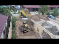 New working!! skills bulldozer push clearing old house & filling land with dump truck unloading soil