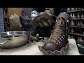 The process of a professional mountaineer making hiking boots. Amazing Korean handmade shoe workshop