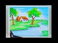 riverside scenery drawing easy/easy scenery drawing with oil pastels/how to draw village scenery