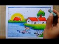 How to draw easy scenery drawing| Fisherman with Village scenery drawing| Village scenery drawing
