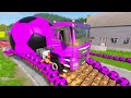 Flatbed Trailer Cars Transportation with Truck - Speedbumps vs Cars vs Train - BeamNG.Drive