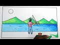 How to draw fishing scenery drawing step by step easy and simple for beginners | Fishing drawing
