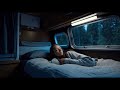 Sleep Tight In A RV Camper Van On The Day of Typhoon With Rain On Camping Car Window