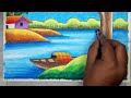 How to draw scenery of River side Village || Simple Village Scenery Drawing with oil pastel #scenery