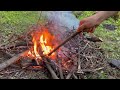 solo camp in the forest and shelter under the tent | Cooking mutton on fire