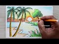 Beautiful Sunset Scenery Drawing with color pencil, Easy drawing for beginners