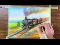 Train Landscape Drawing with Oil Pastel Step by Step